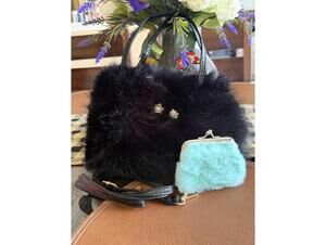 Black Faux Fur Handbag with Detachable Strap and Small Blue Faux Fur Coin Purse